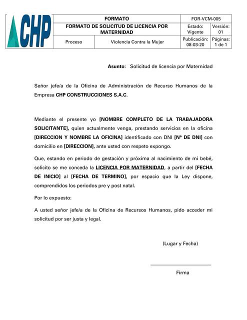 Cómo solicitar licencia de maternidad 1 Formato de solicitud de licencia de maternidad | stacy vallejos ...
